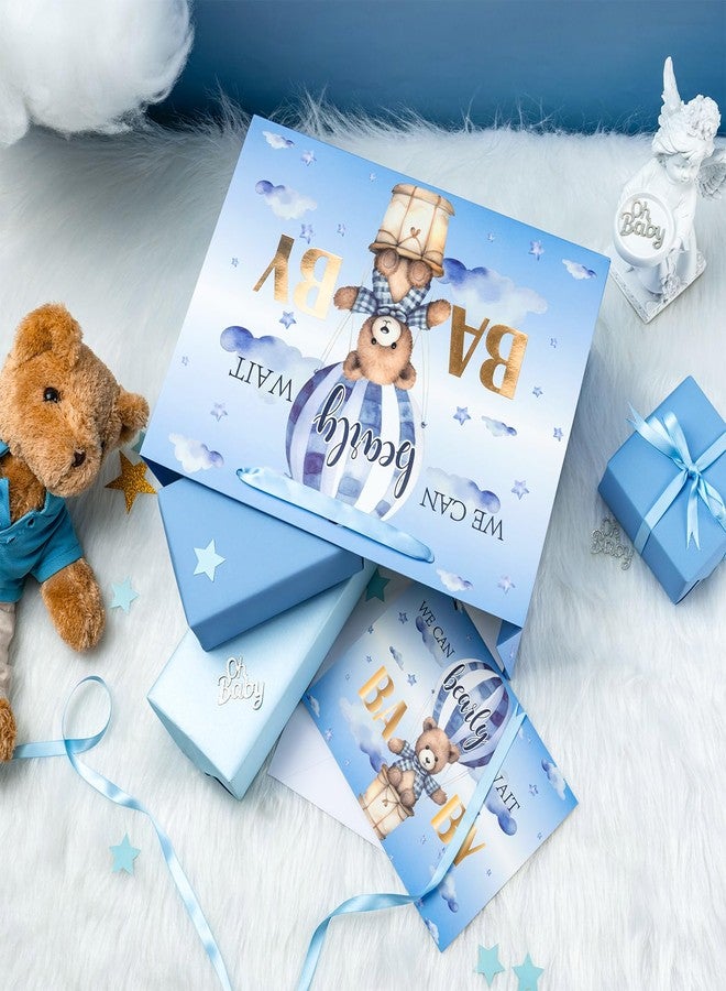 LeZakaa Baby Boy Gift Bag Blue Bear, Hot Air Balloon We Can Bearly Wait BABY Goil Foil Design with Tissue Paper and Greeting Card for Baby Shower, New Parents, 13" x 10" x 5", 1 Pcs - Image 4